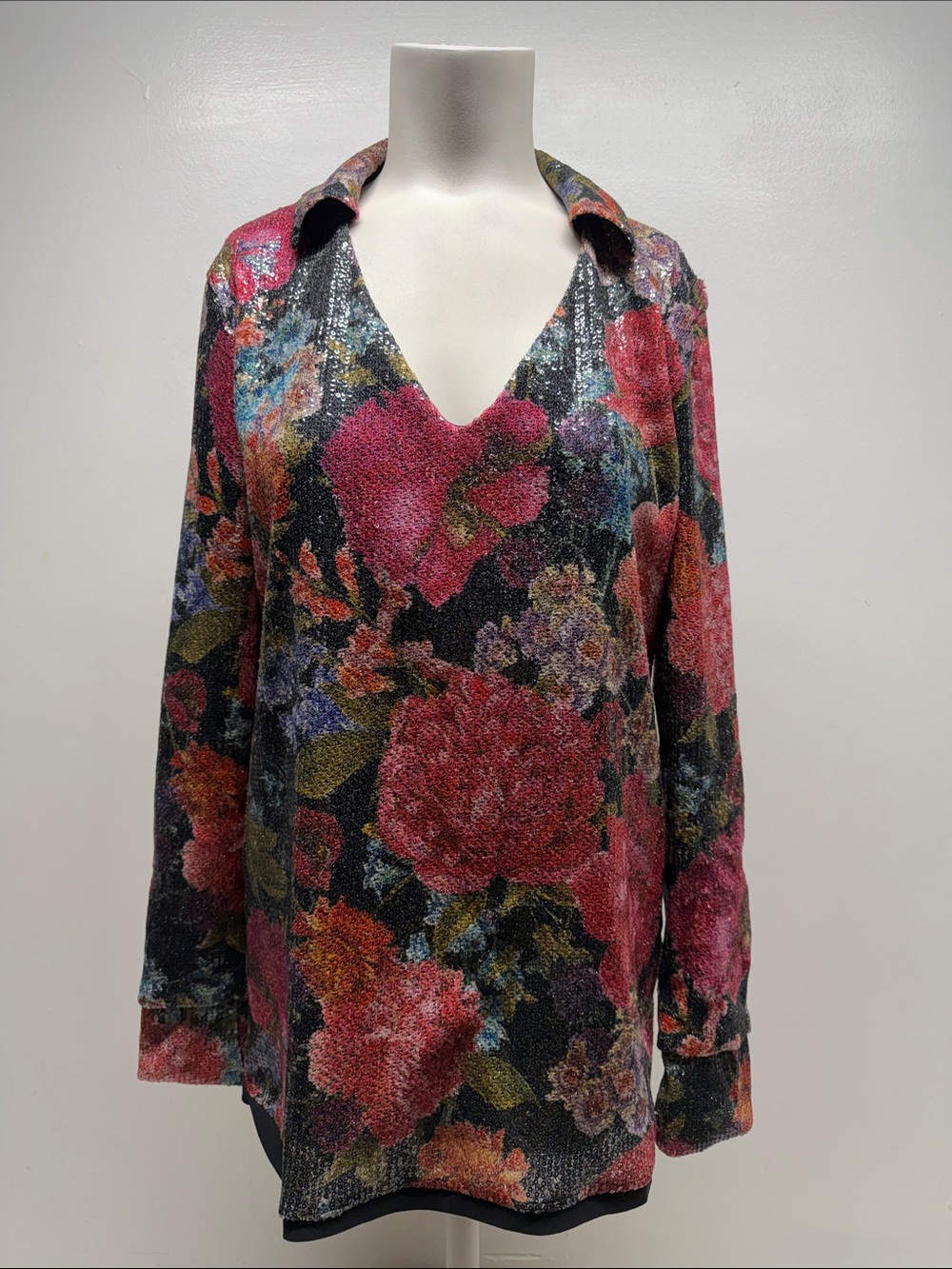 Chiara Boni La Petite Robe Shirt Floral Sequin V Neck Long Sleeve Black 42 US 6